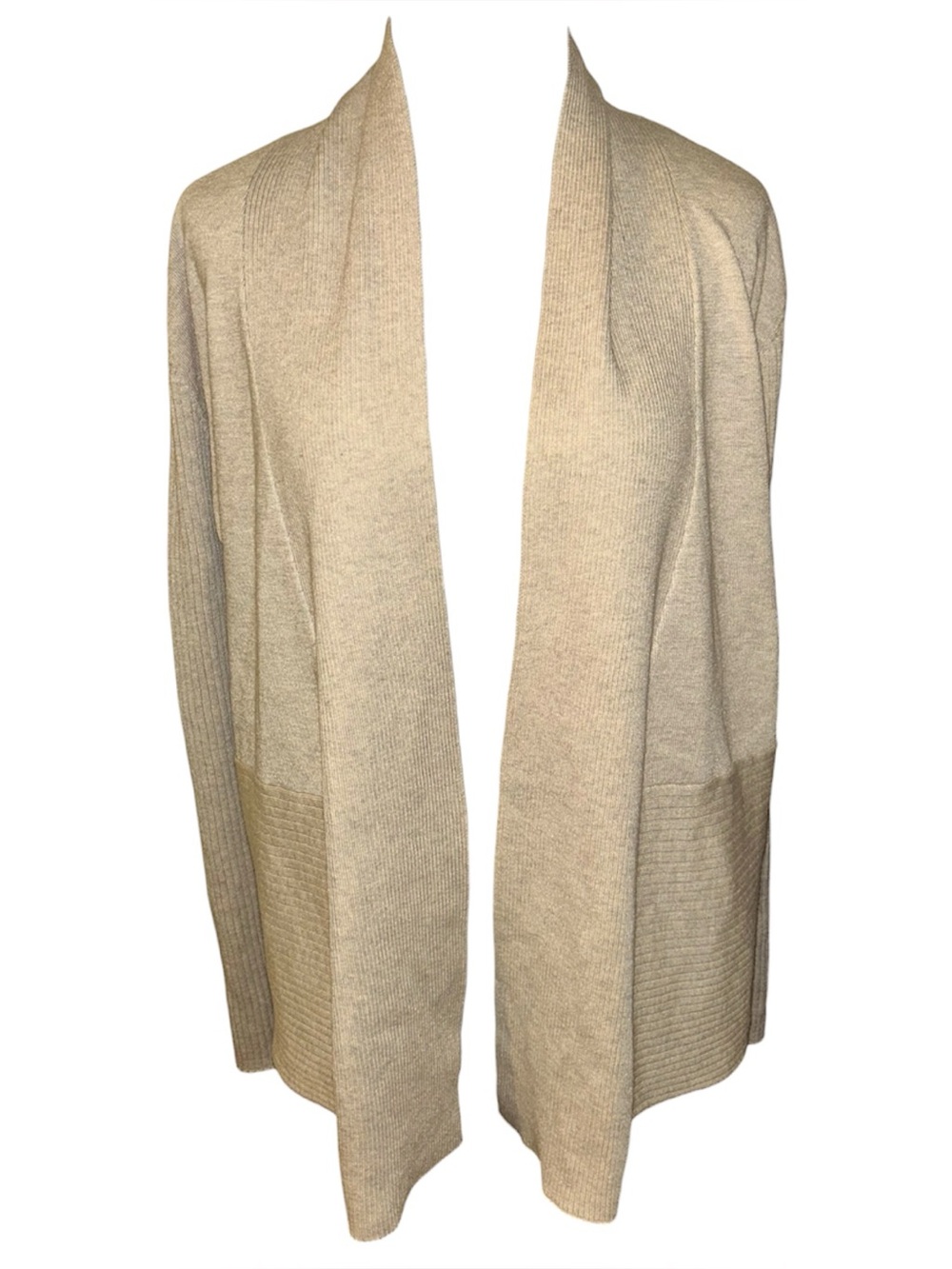 new upcycled beige ribbed short waterfall style cardigan women’s size large
